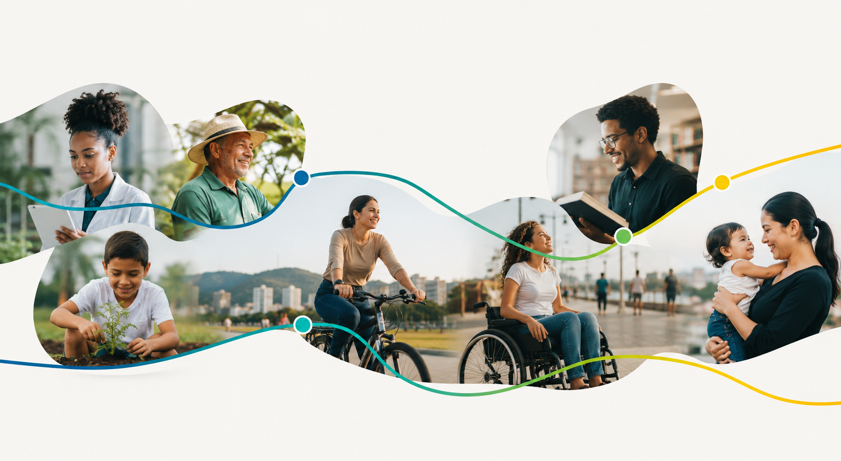 Pessoas comuns conectadas por uma linha: pesquisadora, agricultor, criança, ciclista, pessoa em cadeira de rodas, estudante e família